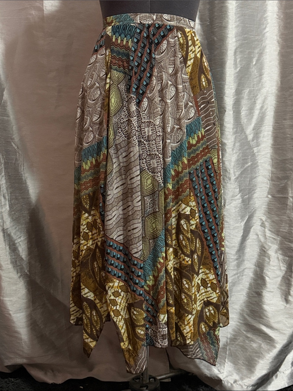 new directions Asymmetrical Handkerchief Hem Skirt in Teal, Brown and Gold